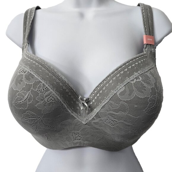 Cacique Lightly Lined Balconette Bra 42DD 42 DD Full Coverage Modern Lace Gray - Picture 2 of 8